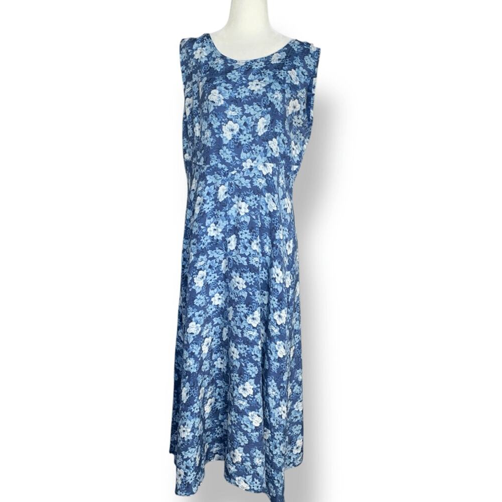 Vintage 90s Blue‎ Floral Midi Dress Sleeveless Rayon A Line Medium Romantic